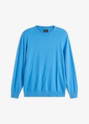 Cienki sweter z miękkiej mieszanki bawełny. Niebieskie swetry męskie bonprix, m, bez wzorów, z bawełny, bez kołnierzyka, bez ramiączek. Za 79.99 zł.
