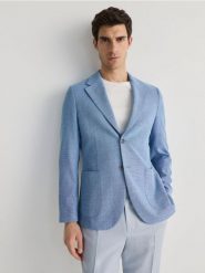 Marynarka slim fit z wiskozą - niebieski. Niebieskie garnitury męskie Reserved, l, bez wzorów, z tkaniny. Za 359.99 zł.