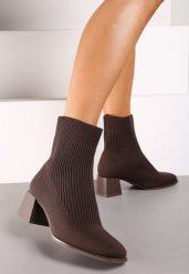 Brązowe Botki na Stożku z Elastyczną Cholewką Lerinana. Brązowe botki damskie Renee, na jesień, bez wzorów, z jeansu, eleganckie, bez obcasa, na obcasie, bez zapięcia. Za 119.99 zł.