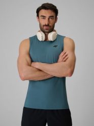 4F Koszulka treningowa regular szybkoschnąca męska - turkusowa M. Niebieskie t-shirty męskie 4F, m, bez wzorów, z materiału, bez kołnierzyka, bez ramiączek. Za 69.99 zł.