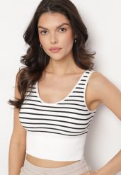 Biało-Czarny Tank Top w Paski z Prążkowanej Tkaniny Sesillia. Białe topy damskie Born2be, s, bez wzorów, z jeansu, eleganckie, bez kołnierzyka, bez ramiączek. Za 24.99 zł.