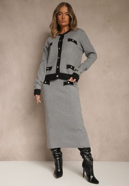 Czarno-Szary Sweterkowy Komplet z Dzianiny z Bawełną Kardigan i Spódnica Derrive. Czarne kardigany damskie Renee, z aplikacjami, z bawełny, eleganckie, bez kołnierzyka. Za 129.99 zł.