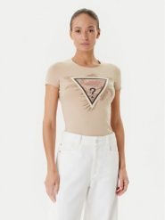 Guess T-Shirt W5YI13 J1314 Beżowy Regular Fit. Brązowe t-shirty damskie Guess, m, z aplikacjami, z bawełny, bez kołnierzyka, bez ramiączek. Za 88.00 zł.