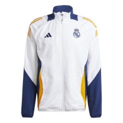 Bluza dresowa Prematch Real Madrid 2024/25. Białe bluzy męskie Adidas, bez wzorów, z dresówki, sportowe, bez ramiączek, bez kaptura. W wyprzedaży za 334.40 zł.