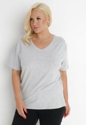 Jasnoszary T-shirt Genilin. Szare t-shirty damskie Born2be, xl, bez wzorów, z dzianiny, klasyczne, bez kołnierzyka, bez ramiączek. Za 29.99 zł.