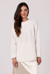 Sweter Oversize z Nietoperzowym Rękawem - Biały. Białe swetry nierozpinane damskie MOE, uniwersalny, bez wzorów, z materiału, bez kołnierzyka, bez ramiączek. Za 201.90 zł.