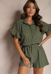 Ciemnozielony Komplet Krótkie Spodenki i Wiązana Koszula Fredefia. Zielone koszule damskie Renee, bez wzorów, eleganckie, bez kołnierzyka, bez ramiączek. Za 129.99 zł.