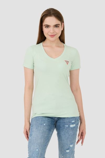 GUESS Miętowy damski t-shirt Mini Triangle Tee, Rozmiar S. Zielone t-shirty damskie Guess, s, z aplikacjami, bez kołnierzyka, bez ramiączek. W wyprzedaży za 69.99 zł.