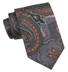 Klasyczny, Męski Krawat - Szeroki - Chattier - Ciemny Popiel i Pomarańcz, Duży Wzór. Szare krawaty i muchy Chattier, bez wzorów, z tkaniny, eleganckie. Za 49.00 zł.