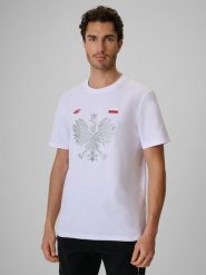 4F Koszulka kibica męska - biała M. Białe koszulki sportowe męskie 4F, m, bez wzorów, z dzianiny, bez kołnierzyka, bez ramiączek. Za 79.99 zł.
