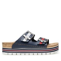 Klapki Rieker. Niebieskie klapki damskie Rieker, bez wzorów, bez obcasa, bez zapięcia. Za 249.99 zł.
