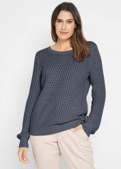 Sweter w strukturalny wzór z mieszanki bawełny. Niebieskie swetry nierozpinane damskie bonprix, bez wzorów, z bawełny, bez kołnierzyka, bez ramiączek. Za 99.99 zł.