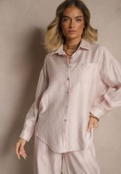 Jasnoróżowa Koszula Oversize w Klasycznym Stylu z Kieszonką Liozira. Czerwone koszule damskie Renee, l, bez wzorów, biznesowe, bez kołnierzyka, bez ramiączek. Za 84.99 zł.