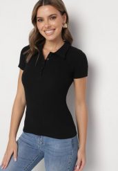 Czarny Bawełniany T-shirt Prążkowany Typu Polo z Guzikami Avelavia. Czarne t-shirty damskie Born2be, m, bez wzorów, z bawełny, klasyczne, bez kołnierzyka, bez ramiączek. Za 59.99 zł.