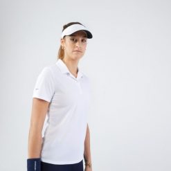 Koszulka polo tenisowa damska Artengo Dry Essential 100. Białe bluzki damskie ARTENGO, s, bez wzorów, z materiału, klasyczne, bez kołnierzyka, bez ramiączek. Za 29.99 zł.