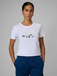 4F T-shirt regular z nadrukiem damski - biały M. Białe t-shirty damskie 4F, m, bez wzorów, z bawełny, bez kołnierzyka, bez ramiączek. Za 59.99 zł.