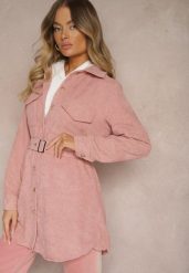 Różowa Sztruksowa Koszula Długa z Kieszeniami i Paskiem Tahise. Czerwone koszule damskie Renee, l, bez wzorów, ze sztruksu, bez kołnierzyka, bez ramiączek. Za 59.99 zł.