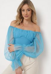 Niebieska Bluzka Hiszpanka z Bufiastymi Siateczkowymi Rękawami Remeda. Niebieskie bluzki damskie Born2be, m, bez wzorów, z tiulu, eleganckie, bez kołnierzyka, bez ramiączek. Za 49.99 zł.