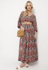 Czarno-Bordowa Długa Sukienka Rozkloszowana z Rękawami 3/4 we Wzór Paisley Amarethia. Czarne sukienki damskie Born2be, m, bez wzorów, boho, bez kołnierzyka, bez ramiączek, maxi, rozkloszowane. Za 84.99 zł.