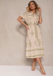 Beżowa Koszulowa Sukienka z Wiskozy Ozdobiona Paskiem i Haftem Divirea. Brązowe sukienki damskie Renee, na co dzień, l, z aplikacjami, z materiału, eleganckie, bez kołnierzyka, bez ramiączek, midi, koszulowe. Za 99.99 zł.