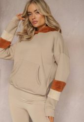 Beżowa Bawełniana Bluza z Kapturem i Wstawkami z Polaru Qilin. Brązowe bluzy damskie Renee, z aplikacjami, z bawełny, casualowe, bez ramiączek, z kapturem. Za 84.99 zł.