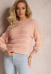 Różowy Sweter o Krótszym Luźnym Fasonie Olimppia. Czerwone swetry nierozpinane damskie Renee, na zimę, bez wzorów, casualowe, bez kołnierzyka, bez ramiączek. Za 79.99 zł.