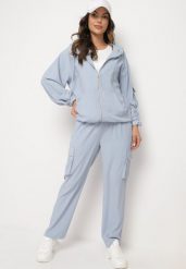 Jasnoniebieski Komplet Dresowy w Stylu Cargo z Bluzą z Kapturem i Spodniami z Kieszeniami Kaivira. Niebieskie bluzy damskie Born2be, m, bez wzorów, z dresówki, sportowe, bez ramiączek, z kapturem. Za 149.99 zł.