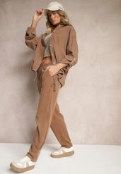 Brązowe Spodnie z Bawełny High Waist Galili. Brązowe spodnie materiałowe damskie Renee, bez wzorów, z bawełny, eleganckie, z podwyższonym stanem. Za 119.99 zł.