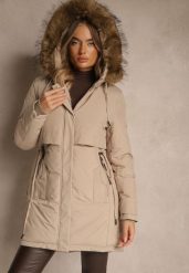 Beżowa Klasyczna Kurtka Parka z Kapturem z Futrem Nalisava. Brązowe parki damskie Renee, l, bez wzorów, z dzianiny, z kapturem. Za 319.99 zł.