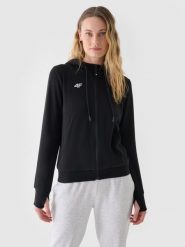 4F Bluza dresowa rozpinana z kapturem damska - czarna M. Czarne bluzy damskie 4F, m, bez wzorów, z bawełny, sportowe, bez ramiączek, z kapturem. W wyprzedaży za 99.99 zł.