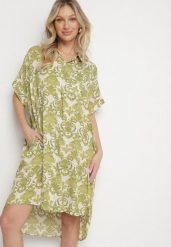Ciemnozielona Pudełkowa Sukienka Koszulowa z Wiskozy w Ornamentalny Print Vanisse. Zielone sukienki damskie Born2be, na co dzień, na lato, l, bez wzorów, z wiskozy, bez kołnierzyka, bez ramiączek, mini, koszulowe. Za 69.99 zł.