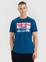 4F T-shirt regular z nadrukiem męski - turkusowy L. Niebieskie koszulki sportowe męskie 4F, l, bez wzorów, z bawełny, bez ramiączek. Za 69.99 zł.