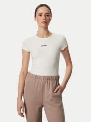 Guess T-Shirt V6YI01 K4258 Kremowy Slim Fit. Białe t-shirty damskie Guess, xl, z aplikacjami, z bawełny, bez kołnierzyka, bez ramiączek. Za 154.99 zł.