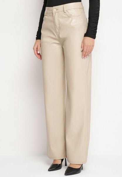 Beżowe Spodnie o Szerokim Kroju z Wysokim Stanem z Ekoskóry Enadria. Brązowe spodnie materiałowe damskie Born2be, bez wzorów, z jeansu, eleganckie, z podwyższonym stanem. Za 79.99 zł.