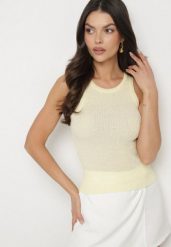 Żółty Top z Prążkowanego Materiału Ovilora. Żółte topy damskie Born2be, uniwersalny, bez wzorów, z jeansu, bez kołnierzyka, bez ramiączek. Za 49.99 zł.