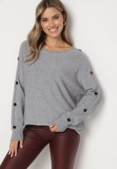Szary Sweter z Dodatkiem Bawełny i Wiskozy z Guzikami na Rękawach Ciasine. Szare swetry nierozpinane damskie Born2be, l, bez wzorów, z bawełny, bez kołnierzyka, plus size, bez ramiączek. Za 74.99 zł.
