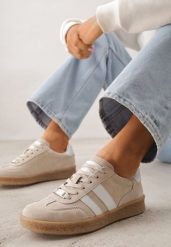 Beżowe Skórzane Sneakersy Typu Tenisówki Ozdobione Paskami Brethanthei. Brązowe trampki i tenisówki damskie Renee, bez wzorów, z dresówki, bez zapięcia. Za 179.99 zł.