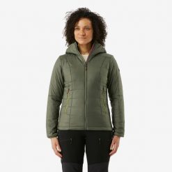 Kurtka trekkingowa damska Forclaz MT100. Zielone kurtki sportowe damskie FORCLAZ, na lato, m, bez wzorów, z materiału, bez ramiączek, bez kaptura, trekkingowe. Za 119.99 zł.