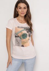 Jasnoróżowy Bawełniany T-shirt z Prostokątnym Nadrukiem i Brokatem Silpa. Czerwone t-shirty damskie Born2be, l, bez wzorów, z bawełny, bez kołnierzyka, bez ramiączek. Za 49.99 zł.