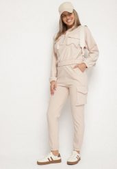 Beżowy Komplet Dresowy w Stylu Cargo Bluza na Suwak i Joggery Sitene. Brązowe bluzy damskie Born2be, l, bez wzorów, z dresówki, eleganckie, bez ramiączek, bez kaptura. Za 79.99 zł.