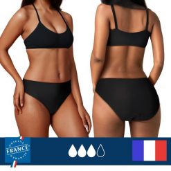 Dół menstruacyjnego stroju kąpielowego- duża chłonność. Czarne bikini PLIM UNDERWEAR, bez wzorów. Za 149.99 zł.