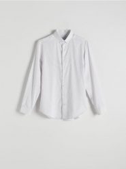 Koszula slim fit z domieszką lnu - jasnoszary. Szare koszule męskie Reserved, l, bez wzorów, z tkaniny, bez kołnierzyka, bez ramiączek. W wyprzedaży za 59.99 zł.