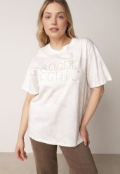 Biały Oversizowy T-shirt z Bawełny Zdobiony Haftem z Cekinami Pidella. Białe t-shirty damskie Born2be, m, z aplikacjami, z bawełny, bez kołnierzyka, bez ramiączek. Za 59.99 zł.