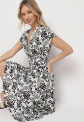 Biała Kopertowa Sukienka z Bawełną w Kwiatowy Wzór Ldivira. Białe sukienki damskie Born2be, na co dzień, na lato, l, bez wzorów, z bawełny, bez kołnierzyka, bez ramiączek, midi, kopertowe. Za 64.99 zł.