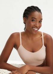 Biustonosz bustier bezszwowy Feel Comfort w prążek. Brązowe biustonosze bonprix, bez wzorów. Za 57.99 zł.