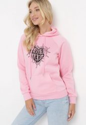 Różowa Bluza z Kapturem i Nadrukiem oraz Ściągaczami Sitta. Czerwone bluzy damskie Born2be, m, bez wzorów, casualowe, bez ramiączek, z kapturem. Za 84.99 zł.