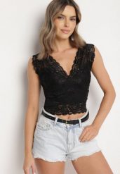 Czarny Koronkowy Top z Dekoltem w Serek Nitasena. Czarne topy damskie Born2be, l, bez wzorów, z jeansu, eleganckie, bez kołnierzyka, bez ramiączek. Za 39.99 zł.