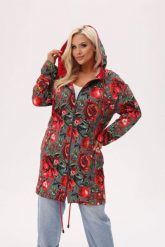 Bluza z kapturem Granada - print w owoce granatu i kwiaty piwonii PLUS SIZE XXL OVERSIZE. Czerwone bluzy damskie Moda Size Plus Iwanek, na jesień, plus size, z aplikacjami, z bawełny, boho, bez ramiączek, z kapturem. Za 329.90 zł.