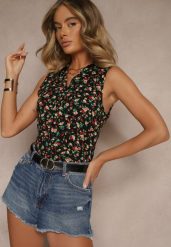 Czarna Wiskozowa Koszula w Kwiaty bez Rękawów Sarionna. Czarne koszule damskie Renee, l, bez wzorów, z wiskozy, eleganckie, bez kołnierzyka, bez ramiączek. Za 44.99 zł.