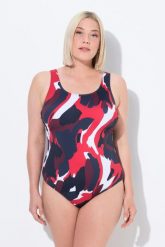 Damski Strój kąpielowy wzór w palmy bez miękkich miseczek okrągły dekolt. Niebieskie stroje kąpielowe damskie Ulla Popken, plus size, bez wzorów, z elastanu. Za 199.99 zł.